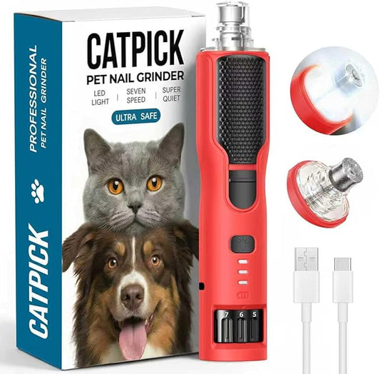 7-Speed Dog & Cat Nail Grinder with Light - Ring LED Safe to Avoid Overcut, Quiet Low Vibration & Powerful Fast, Cordless Rechargeable Toenail Trimmer for Small & Large Puppy & Breeds Paws(Red)