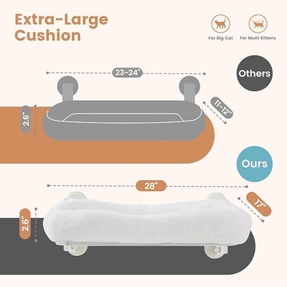Gardner Pet Cat Window Perch for Large Cats with 4 Suction Cups, 2 in 1 Cat Hammock with Detchable Cushion for 55Lbs Load (White)