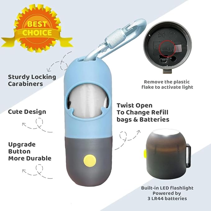 Dog Poop Bag Dispenser with Built-in LED Flashlight and Metal Clip for Leash, Pet Waste Bag Holder, Dog Walking Accessory (Blue)