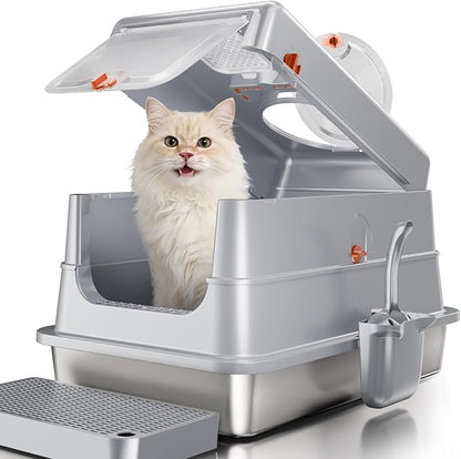 Stainless Steel Cat Litter Box with Lid, Extra Large High Sided Enclosed Metal Litter Pan, Flip Top with Portable Handle, Include Scoop & Step,Easy to Clean, Leak Proof, Dog Proof, Odor Control, Grey