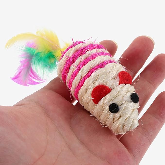 LOGOFUN 6pcs Cat Mouse Toys Sisal Mouse Shaped Toys Sisal Mice Toys with Feather Kitten Teething Toy for Pet Supplies - Pink+Blue