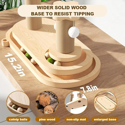 Cat Scratching Post, Sisal Cat Scratcher Post - 4-in-1 Cat Solid Wood Activity Center | Indoor Interactive Cat Toy with Trackball (Rolling), Feather Teaser, Hanging Balls & Natural Catnip Ball