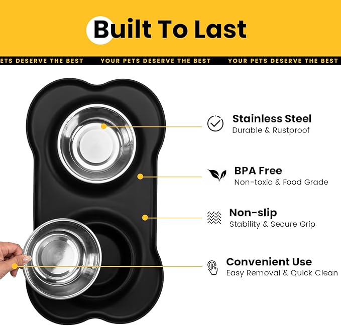 Stainless Steel Dog Bowls with Non-Slip Silicone Mat, Spill Proof Food & Water Bowls Set, Easy Clean Puppy Food Dish, Dishwasher Safe, Suitable for Dogs Cats Pet Under 20lbs, Small, Black