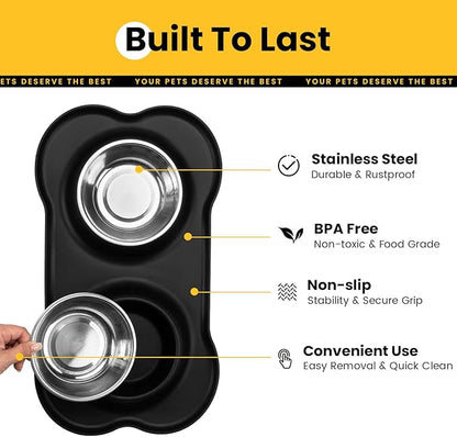 Stainless Steel Dog Bowls with Non-Slip Silicone Mat, Spill Proof Food & Water Bowls Set, Easy Clean Puppy Food Dish, Dishwasher Safe, Suitable for Dogs Cats Pet Under 20lbs, Small, Black