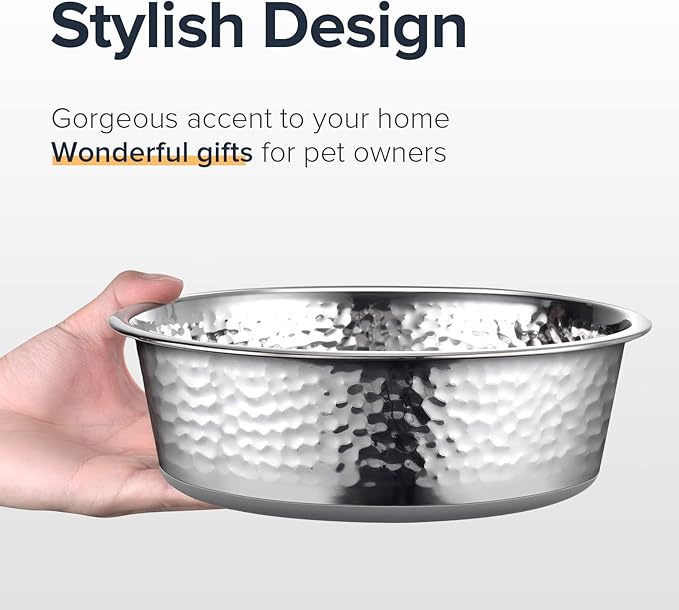 URBUDDIES 2 Pack Hammered Stainless Steel Dog Bowls, Premium Metal Dog Bowls with Non Slip Rubber Bottom, Dishwasher Safe, Easy to Clean, 8 Cup, Gray Bottom