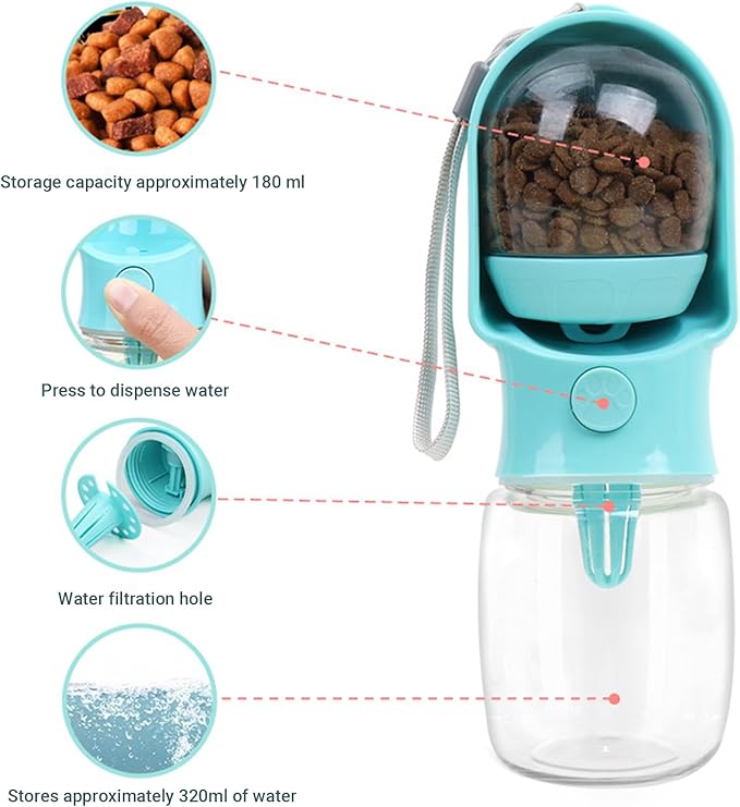 2-in-1 Dog Water Bottle with Food Container - 10oz Leak-Proof Travel Water Dispenser, Travel Water Bowl for Cats, Dogs, and Puppies - Essential for Walks, Hikes, and Travel (Blue)