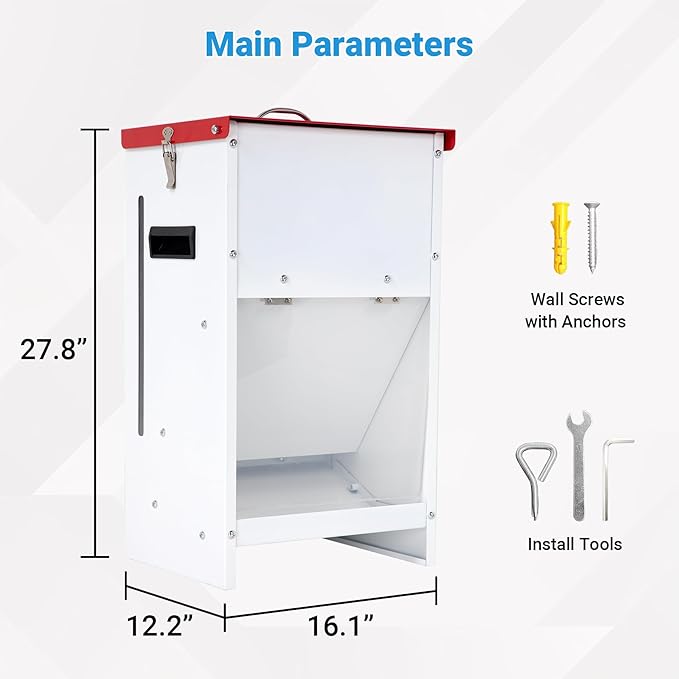 Metal Automatic Dog Feeder - 50LBS Capacity Automatic Gravity Dispenser, Powder Coated & Waterproof for Indoor & Outdoor Use, 16.1" L x 12.2" W x 27.8" H, Red and White
