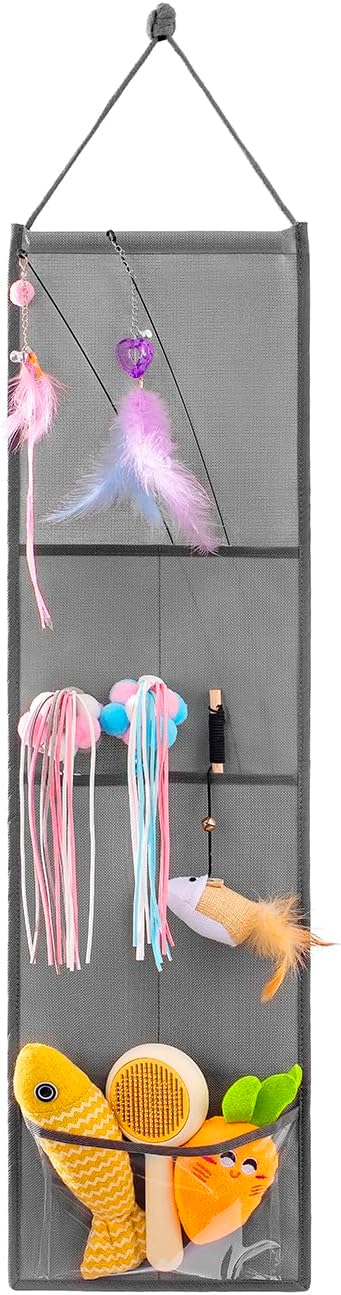 Hanging Cat Wand Holder and Kitten Stick Toy Storage Bag - Accessories Organizer for Indoor Cats (Fabric Pockets)