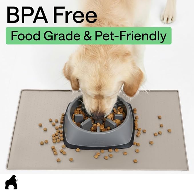 GORILLA GRIP 100% Waterproof Raised Edge BPA Free Silicone Pet Feeding Mat, Dog Cat Food Mats Contain Spills Protects Floors, Placemats for Cats and Dogs Water Bowl, Pets Accessories 23x15 Beige