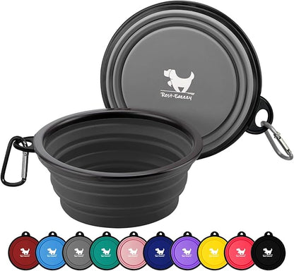 Collapsible Dog Bowls for Travel, 2-Pack Dog Portable Water Bowl for Dogs Cats Pet Foldable Feeding Watering Dish for Traveling Camping with Carabiners, BPA Free (Grey&Black, Large)
