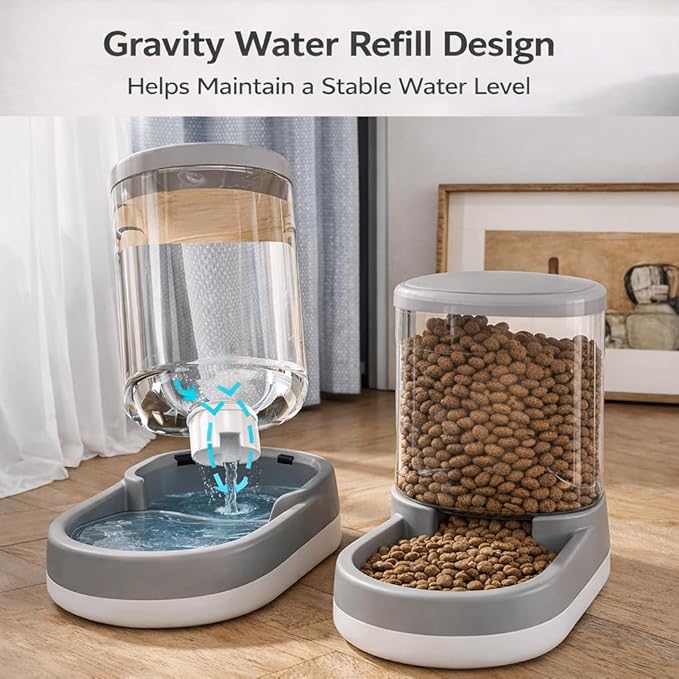 Gravity Pet Feeder and Water Dispenser Set, 8L (4L+4L) Up to 14 Days, Automatic Dog Cat Feeder & Waterer, See-Through Design, Leak-Proof, Anti-Jam, No Electricity, Small Medium Large Dogs Cats