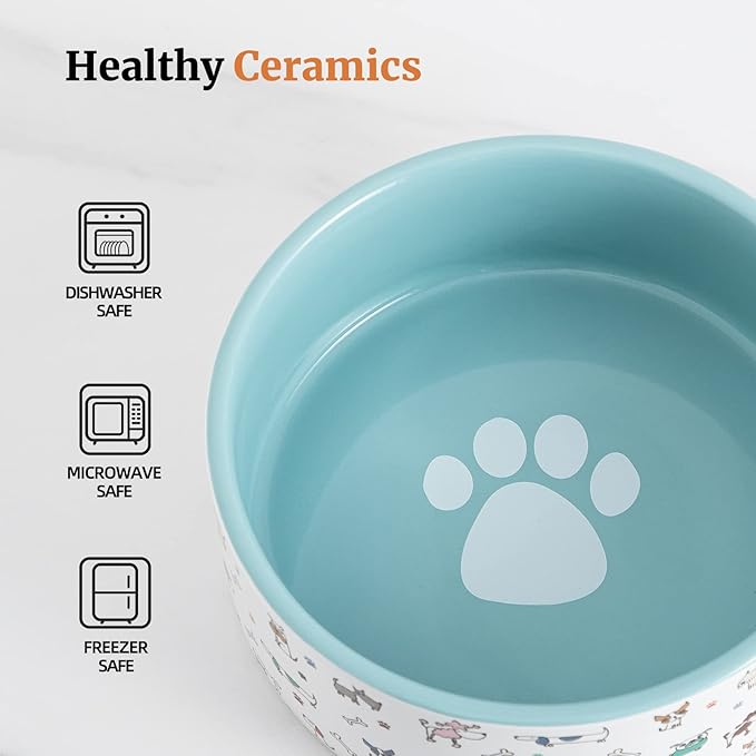 FE FUN ELEMENTS Ceramic Dog Bowls for Small Dogs, 16 Fl Oz Heavy Food and Water Bowl With Adorable Patterns (Small, Blue)