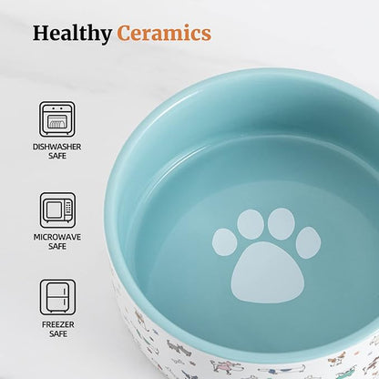 FE FUN ELEMENTS Ceramic Dog Bowls for Small Dogs, 16 Fl Oz Heavy Food and Water Bowl With Adorable Patterns (Small, Blue)