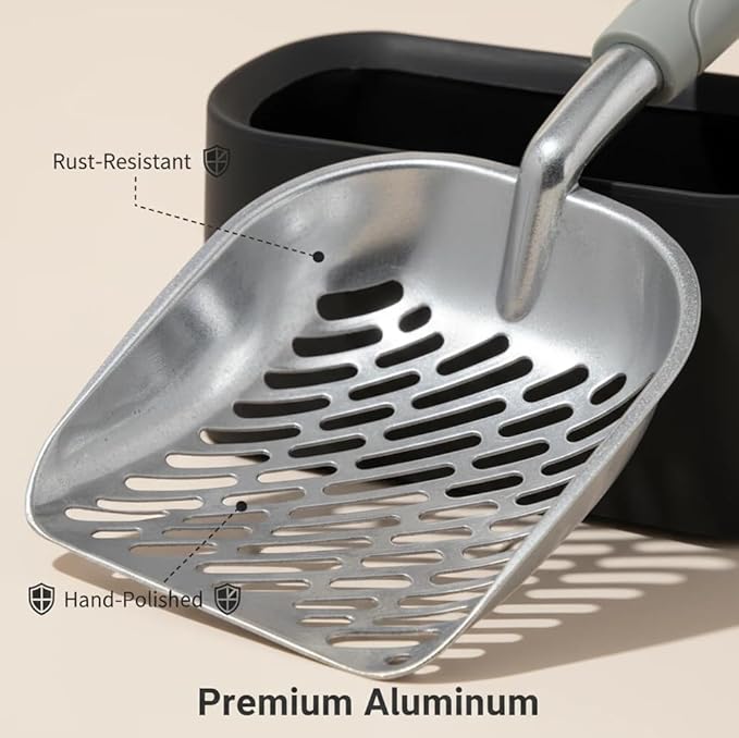Metal Cat Litter Scoop with Holder, Aluminum Cats Litter Scooper Captures All Clumps, Heavy Duty Metal Kitty Scoopers with Holder, Cat Metal Scoop and Holder (Black)