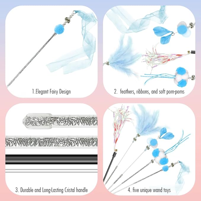 Cat Wand Toys, 5Pcs Interactive Kitten Feather Wand Toys for Bored Indoor Cats, Cat Teaser Wand with Bell and Crinkly Paper, Blue