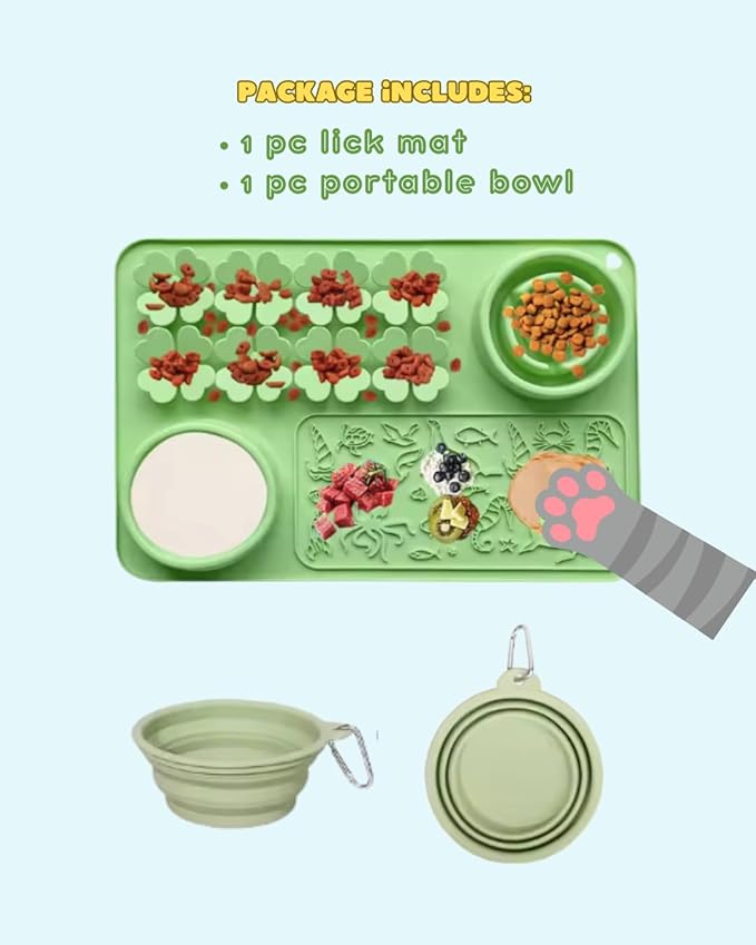 Silicone Lick Mat & Slow Feeder Bowl for Dogs and Cats – Suction Cup Snuffle Mat for Dogs and Cats – Slow Eating, Smell Training, Collapsible Portable Pet Bowl (Green)