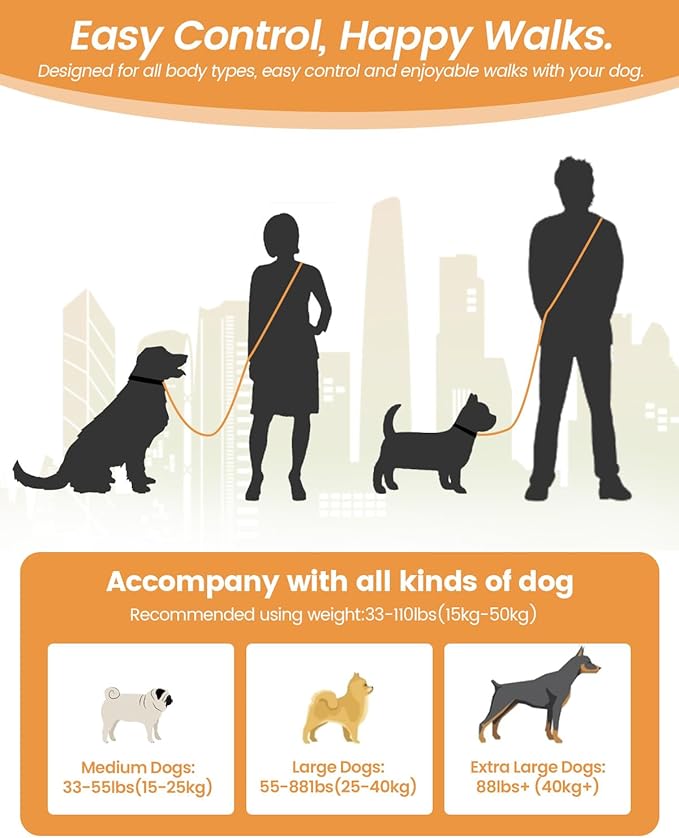 Hands Free Dog Leash, 2-in-1 Detachable Pet Seatbelt,5.9-9.2 ft Crossbody Dog Leash with Double-Sided Reflective for Walking, Hiking, Travel etc.(Orange)