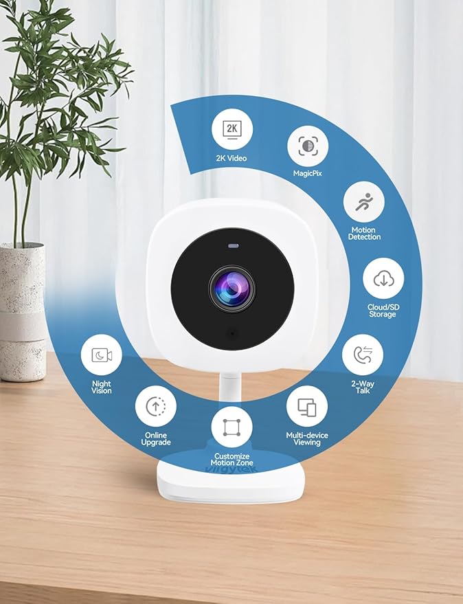 2K Home Indoor Pet Security Camera 2.4GHz with Night Vision, Dog/Cat 2-Way Audio, Wired, Motion Detection and Pet Monitor, Cloud & SD Card Storage, Phone App Control (White-2Pack)