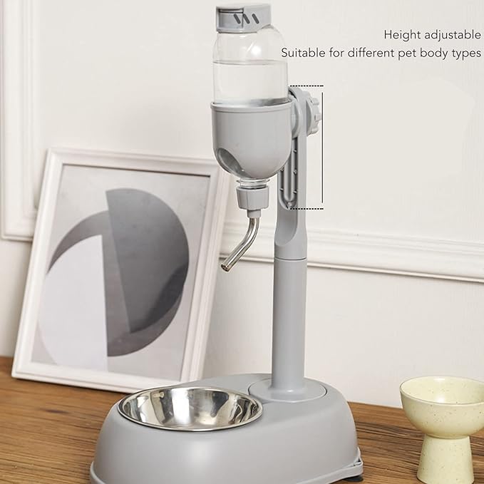 Pet Standing Water Dispenser, Multifunctional 2 in 1 Detachable Height Adjustable Small Pet Puppy Dog Kitten Bowl, Automatic Dog Water Dispenser for Puppy Dog Cat,Grey,11 x 7.7 x 15.4in
