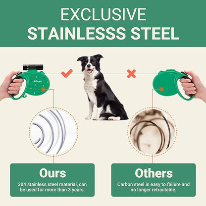 Happy & Polly Retractable Dog Leash with Flashlight, Protective Bungee Leash, Convenient Hook, 16.4ft Reflective Fishing Line Weaved Strong Tape, One- Handed Release, Pause, Lock Green
