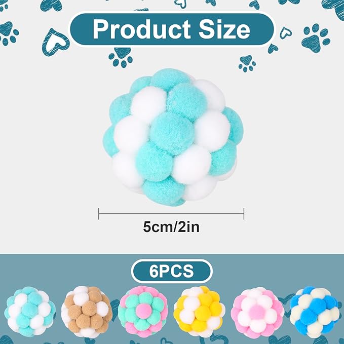 Cat Toys Balls 6 Pieces with Bells 5cm Soft Cat Pom Poms Balls Cats Interactive Ball Toy for Cats Kitten Indoor Outdoor Playing Chewing Scratching