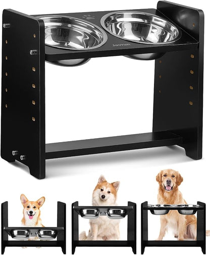 Elevated Dog Bowls, Adjustable Raised Dog Bowl Stand for Medium Size Dogs and Cats, Durable Bamboo Dogs Feeder with 2 Stainless Steel Bowls and Non-Slip Feet, Pet Food Bowl for Medium Sizes