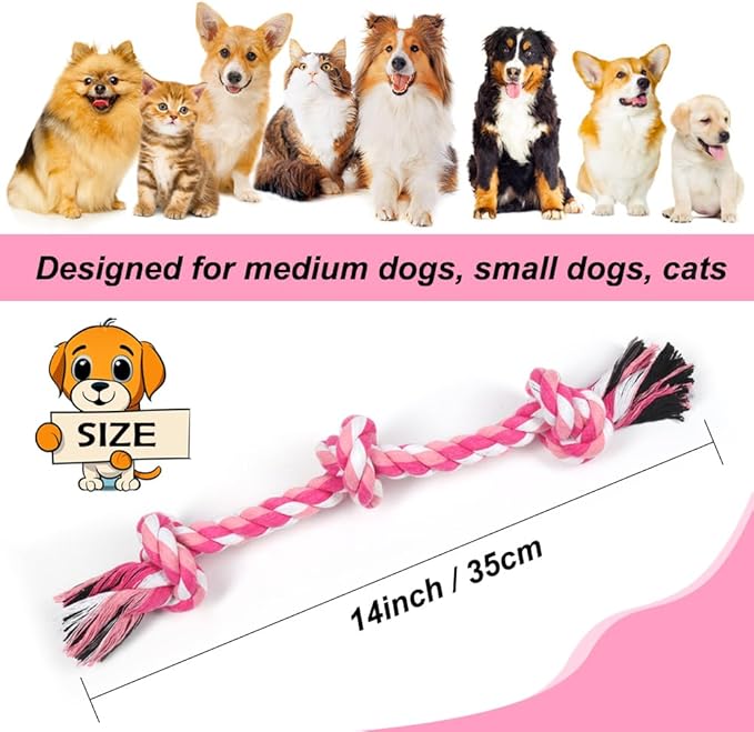 SZEE Dog Rope Toy, 14 in 3 Knots Chew Rope for Small Medium Dogs, Natural Cotton Pull Toy for Tug of War and Teeth Cleaning, Fits Valentine’s Day Vibe (Pink)