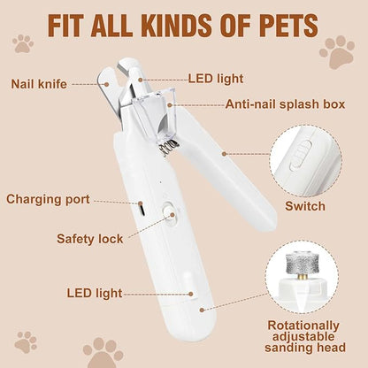 2-in-1 Dog Nail Grinder &Dog Nail Clippers with Light，Cat Nail Clippers ，Ultra-Quiet, USB Rechargeable, Multiple Grinding Methods, and Splash Guard for Large Medium Small Dogs Cats Pets(White)
