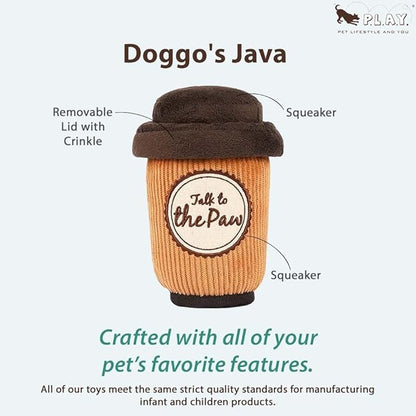 P.L.A.Y. Cute Plush Dog Toys - Coffee Shop Food Themed Durable Squeaker Chew Toy, Great for Puppies & Small, Medium, Large Dog Breeds - Machine Washable, Recycled Materials (Pup Cup Cafe Doggo's Java)