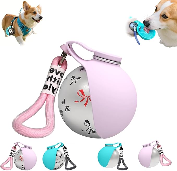 Foldable Pet Water Bottle for Travel, 2 in 1 Portable Dog Water Bottle, Water Bottle for Dogs on Walks, Stainless Steel Bottle & Silicone Bowl, for Walking Hiking Small Dog Water Bottle (Pink+Print)