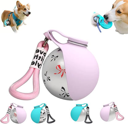 Foldable Pet Water Bottle for Travel, 2 in 1 Portable Dog Water Bottle, Water Bottle for Dogs on Walks, Stainless Steel Bottle & Silicone Bowl, for Walking Hiking Small Dog Water Bottle (Pink+Print)