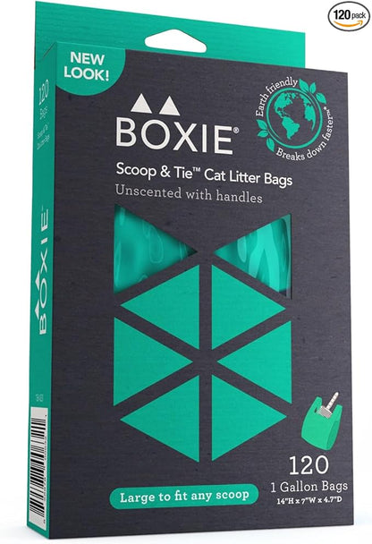 Boxie Sustainable Scoop & Tie Pet Waste Bags, 120 Count, Leak-Proof, Easy-to-Tie Handles, Eco-Friendly, Odor Control, EPI Technology, Durable for Cat Litter & Dog Waste