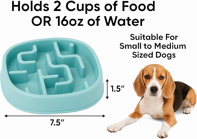 Slow Feeder Bowl, Puzzle Maze for Fast Eaters, Small to Medium Dogs, Helps Prevent Bloat & Aid Digestion, Holds 2 Cups Wet or Dry Food, Non-Slip, Made Without BPA, Blue