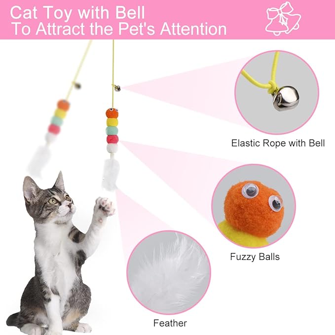Cat Toys, Interactive Cats Feather Toys 2 Pcs, Cat Teaser Retractable Hanging Indoor Kitten Play Chase Exercise, Mental Physical Stimulation for All Breeds and Species