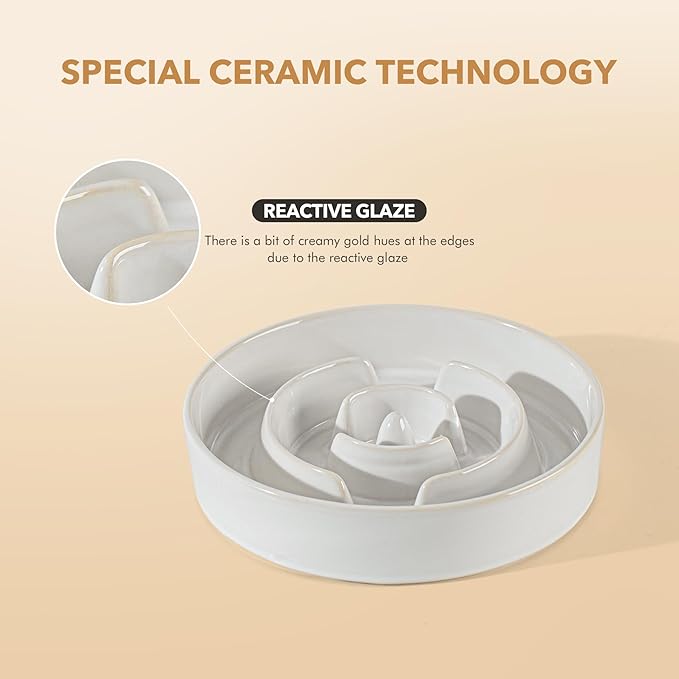 Ceramic 3.2 Cup Raised Slow Feeder Dog Bowl Set, Elevated 8.2inch Bowl and 9.5inch Dish with Acacia Wood Stand for Large Dog, Stop Bloat(2 x Reactived Glaze -White+ Stand)