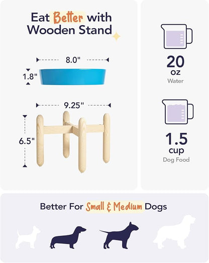 LE TAUCI Ceramic Slow Feeder Raised Dog Bowls with Wooden Stand, Puzzle Feeder, Elevated Dog Dishes to Slow Down Eating, 8 Inch Anti-Gulping Pet Feeding Dishes for Medium Dog