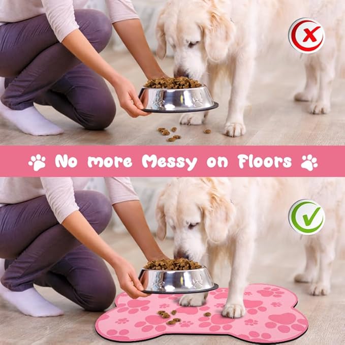 Dog Food Mats for Floors Waterproof, Pet Feeding Absorbent Water Bowl Mat Cat Placemats Pink Bone Shape 19 * 12 inch