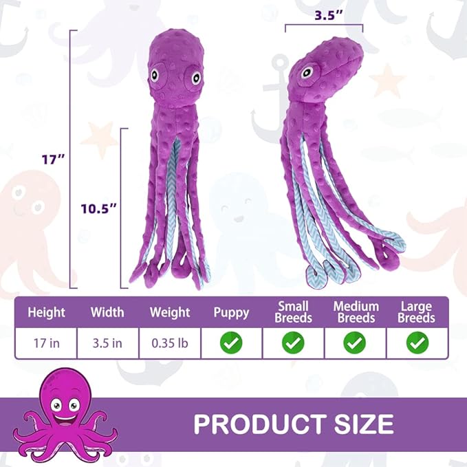 EXPAWLORER Octopus Dog Toy - Best Dog Squeaky Toys Puppy Birthday Gift Soft Stuffed Chew Toy, Crinkle Paper and Built-in Squeaker Durable Interactive Plush Toy for Small Medium Large Dogs, Purple