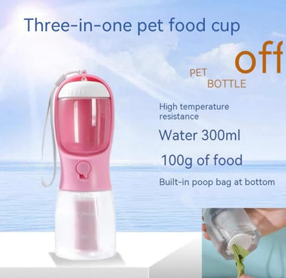Three-in-One Pet Water Bottle and Food Container, Pink, Leak-Proof Design with Waste Bag Dispenser, 300ml Water, 100g Food Capacity