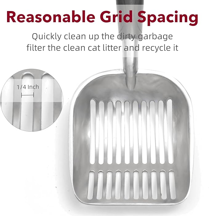 Cat Litter Scoop, Kitty Metal Scooper, Aluminum Alloy Sifter, Kitten Pooper Lifter, Deep Shovel, Long Handle, Poop Sifting, Durable, Heavy Duty, for Litter Box