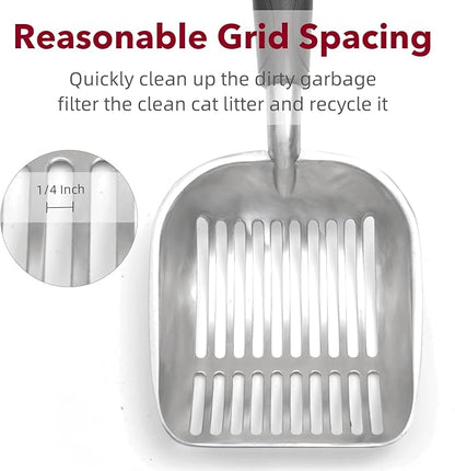 Cat Litter Scoop, Kitty Metal Scooper, Aluminum Alloy Sifter, Kitten Pooper Lifter, Deep Shovel, Long Handle, Poop Sifting, Durable, Heavy Duty, for Litter Box