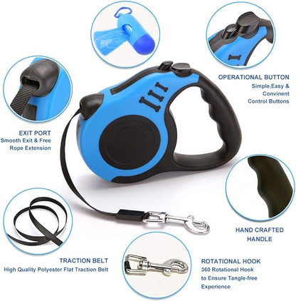 Retractable Dog Leash for Medium & Small Dogs & Cats - 16.5FT Tangle Free Heavy Duty Walking Leash with Anti Slip Handle, Pause & Lock Strong Nylon Tape, Blue