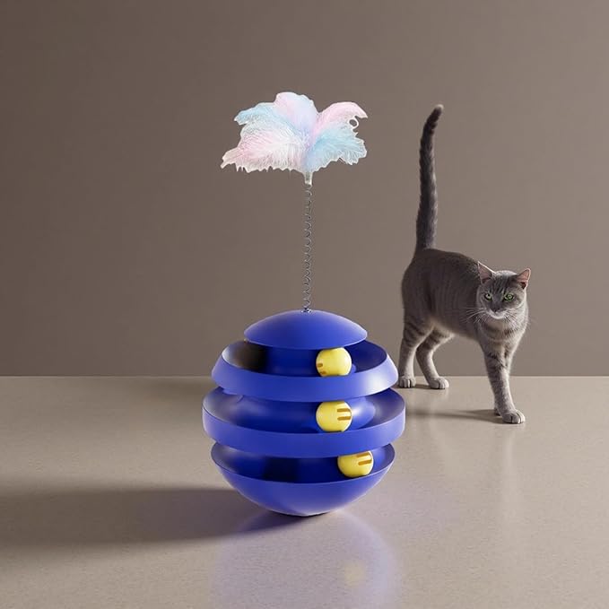 Interactive Cat Toy for Indoor Cats, 3-Layer Ball Track with Tumbler Base & Feather, Self-Play Kitten Toy to Reduce Boredom & Anxiety, Durable Interactive Pet Toy for Kittens and Adult Cats(Blue)