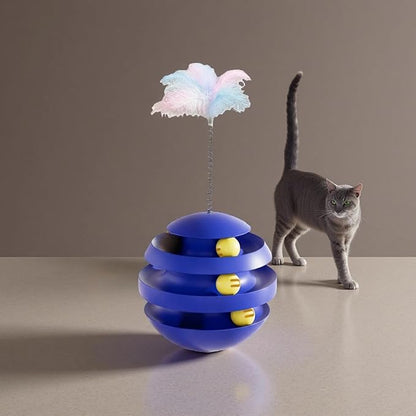 Interactive Cat Toy for Indoor Cats, 3-Layer Ball Track with Tumbler Base & Feather, Self-Play Kitten Toy to Reduce Boredom & Anxiety, Durable Interactive Pet Toy for Kittens and Adult Cats(Blue)
