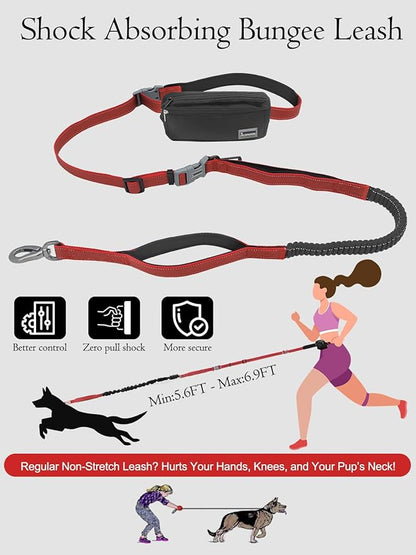 Hands Free Dog Leash with Zipper Pouch & Waist Belt – Reflective Durable Bungee Leash with Dual Padded Handles for Walking, Jogging & Running, Fits Small to Large Dogs (Red)