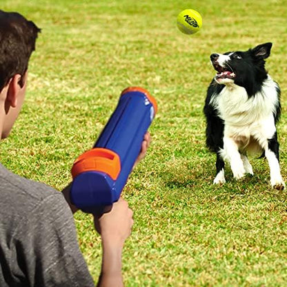 Nerf Dog Large Size Tennis Ball Blaster Dog Toy, Great for Fetch, Hands-Free Reload, Launches up to 50 ft, Single Unit, 20in Blaster with 3 Balls in Mesh Bag, Blue/Orange, Blue, Green and Orange - Image 2