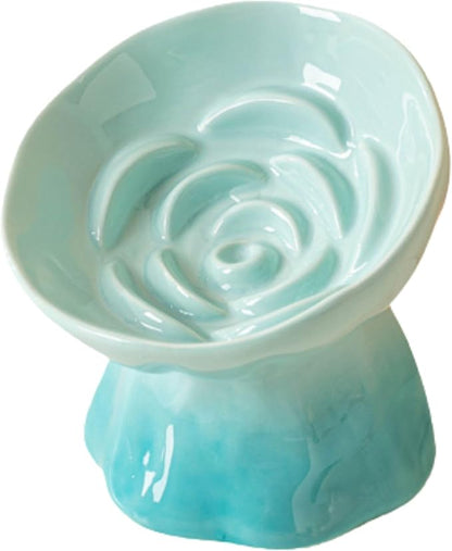 Elevated Ceramic Cat Bowl, Tilted Slow Feeder Pet Dish with Gradient Color Coating, 3.3 Ounces Capacity, Anti-Gulping Design with Rose Bouquet Design (Gradient Green)