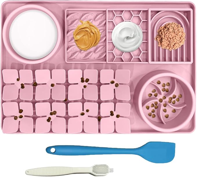 Lick Mat for Dogs Cats Includes Brush and Scraper, Snuffle Mat Silicone Anti-chocking Pet Dish, Non-Slip Dog Licking Bowl Interactive Entertainment Puzzle Toy Pink