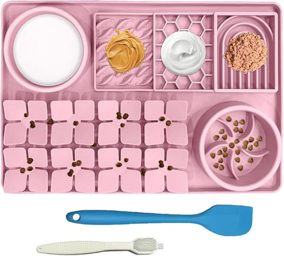 Lick Mat for Dogs Cats Includes Brush and Scraper, Snuffle Mat Silicone Anti-chocking Pet Dish, Non-Slip Dog Licking Bowl Interactive Entertainment Puzzle Toy Pink