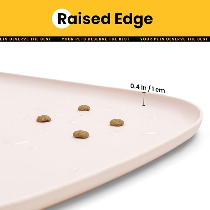 Silicone Dog Food Mat with Side Pocket & Hook Hole, Soft Raised Edges, Easy Clean Waterproof Non-Slip Pet Feeding Mat for Cats and Dogs Water Bowl, Pets Accessories(24"x16",Natural Tan)